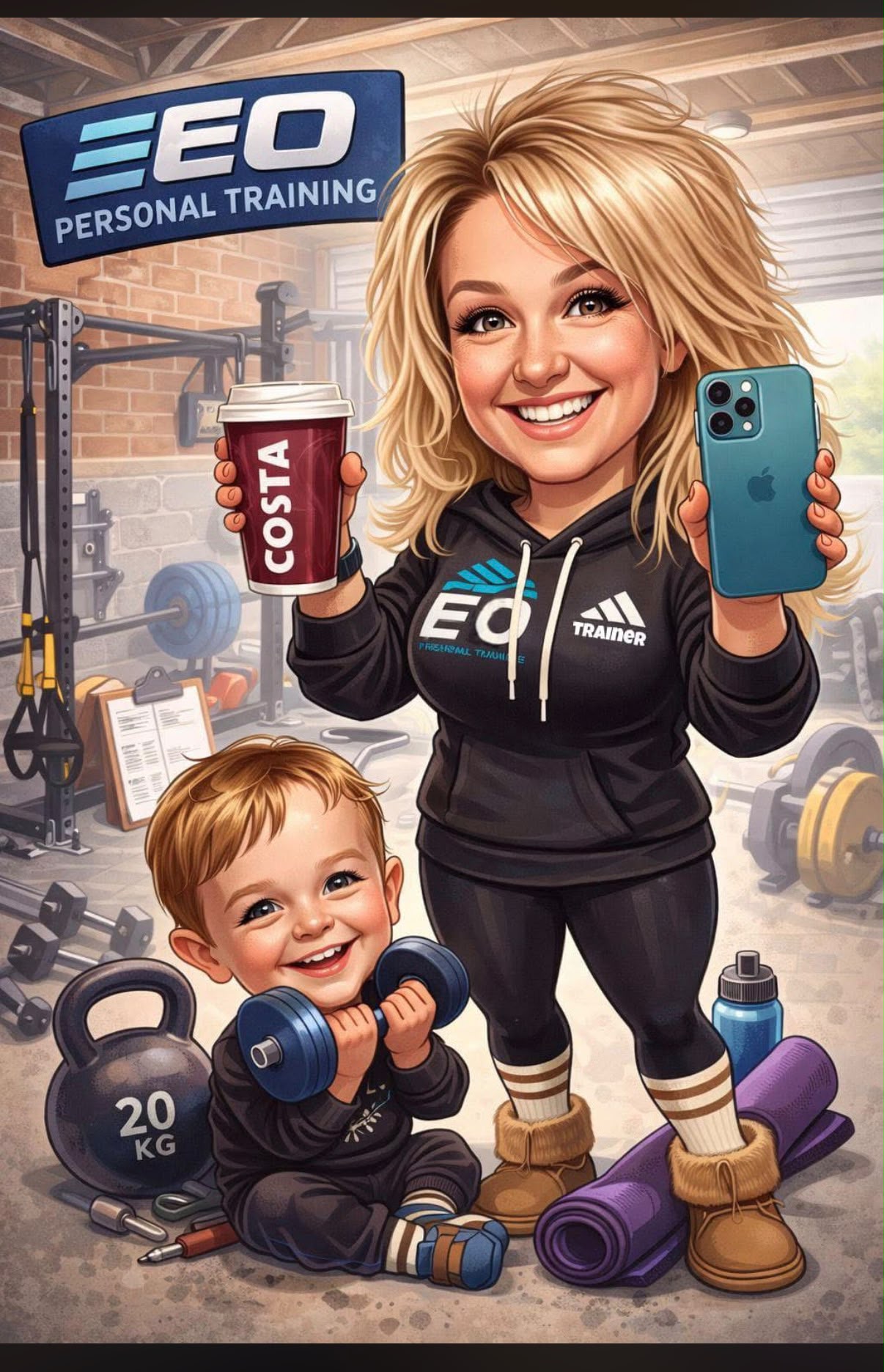 Illustrated caricature of Ellie O'Neill in her gym with her son